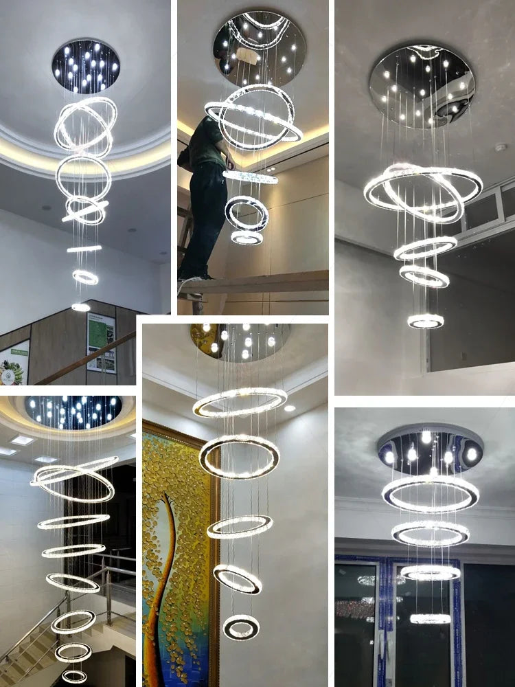 Afralia™ Luxury Crystal Staircase Chandelier: Rings Design Indoor Lighting Fixtures