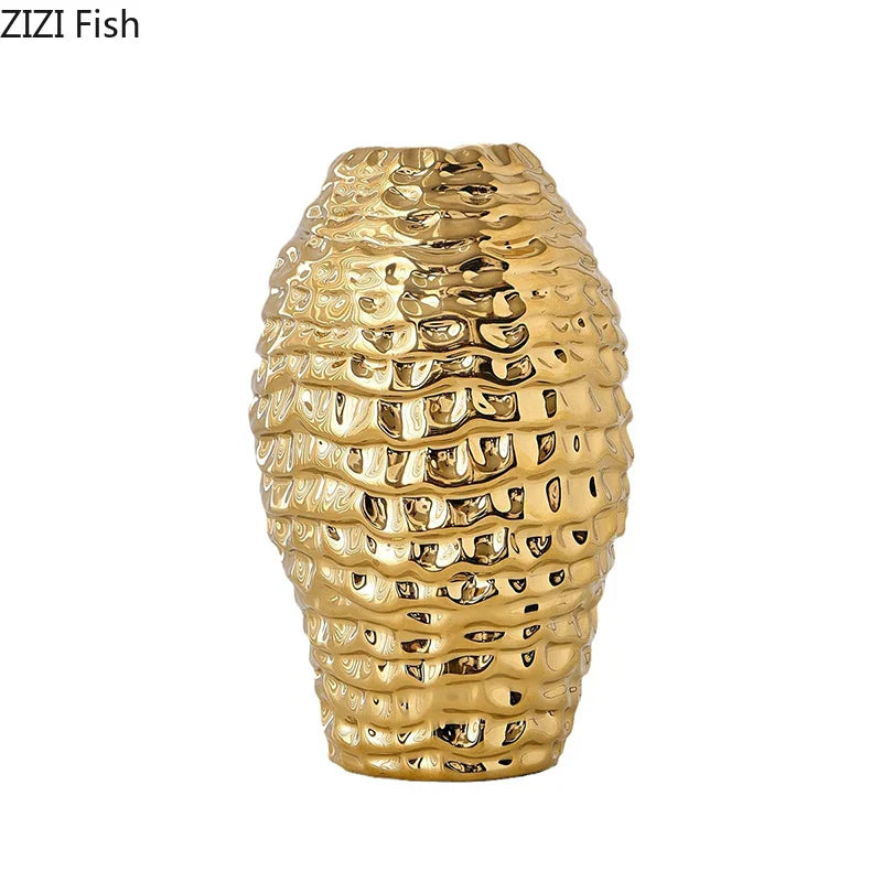 Afralia™ Golden Wrinkle Ceramic Vase - Desk Decoration, Gold-plated Floral Pots for Aesthetic Room Decor