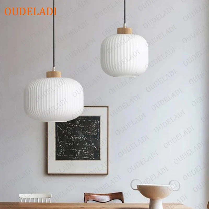 Afralia™ White Glass Pendant Lights for Kitchen Bedroom Dinning Room, Nordic Wooded Hanging Lamps