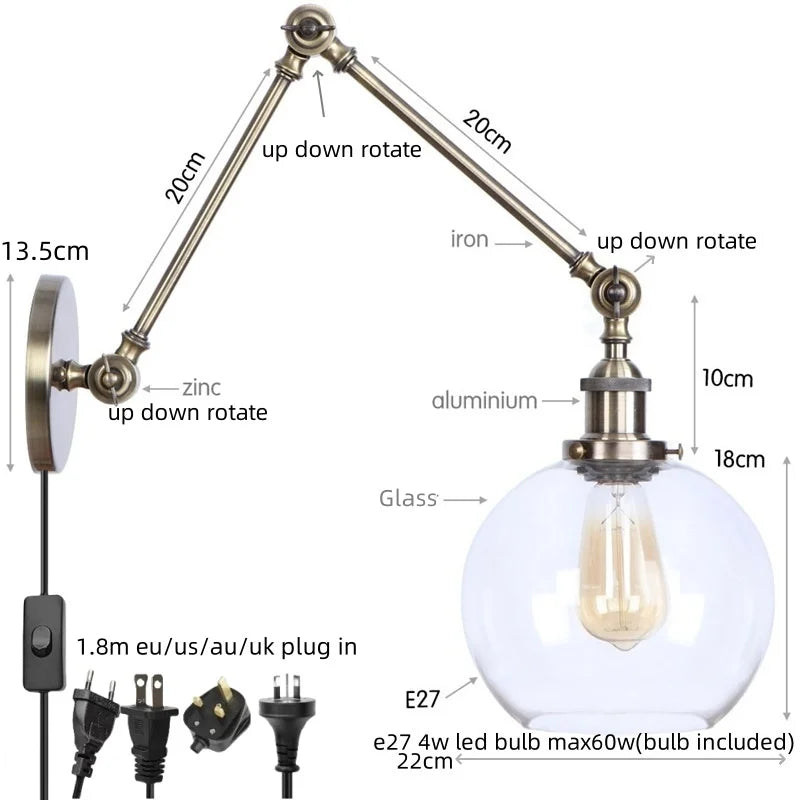 Afralia™ Loft LED Industrial Swing Arm Lamp with Clear Glass Mirror Light