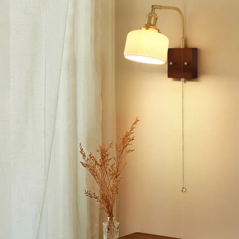 Afralia™ Ceramic LED Wall Sconce with Walnut Wood Pull Chain Switch - Nordic Style