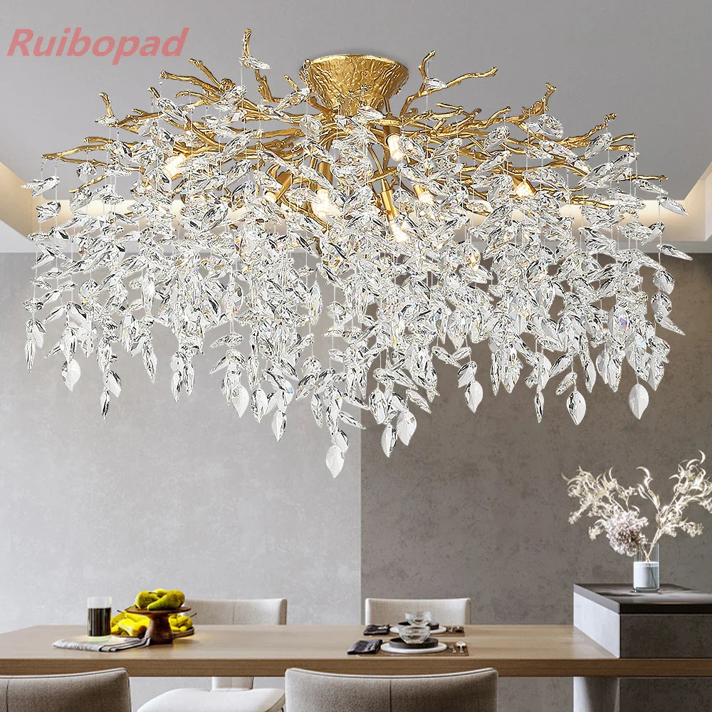 Afralia™ Round Crystal Gold Branch Chandelier for Modern Living Spaces