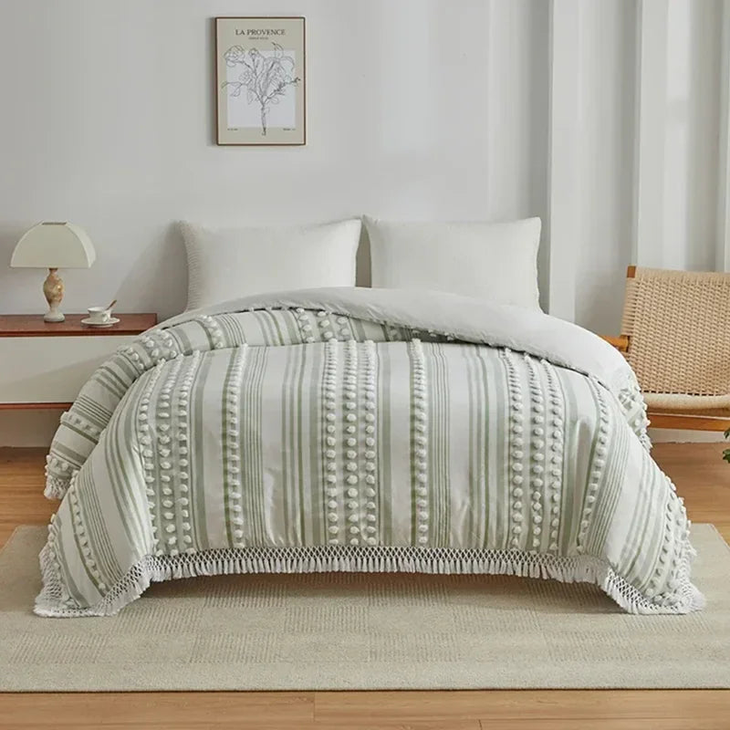Afralia™ Boho Stripe Furball Duvet Set: High-Quality King Size Bedding with Tassels