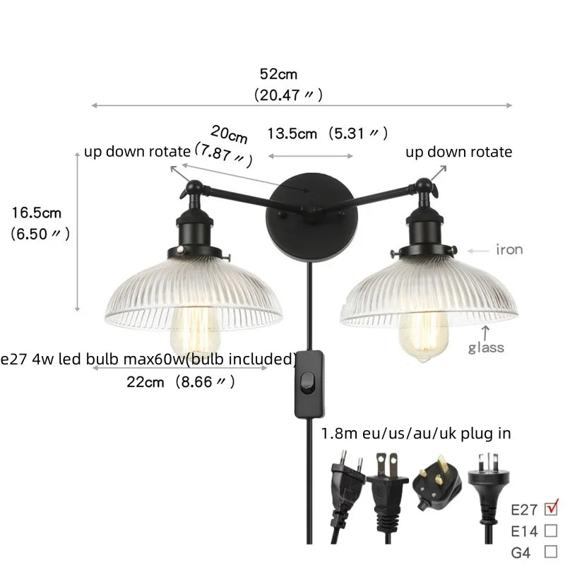Afralia™ Industrial LED Wall Light Fixture with Pull Chain Switch, 2 Heads Bedside Lamp