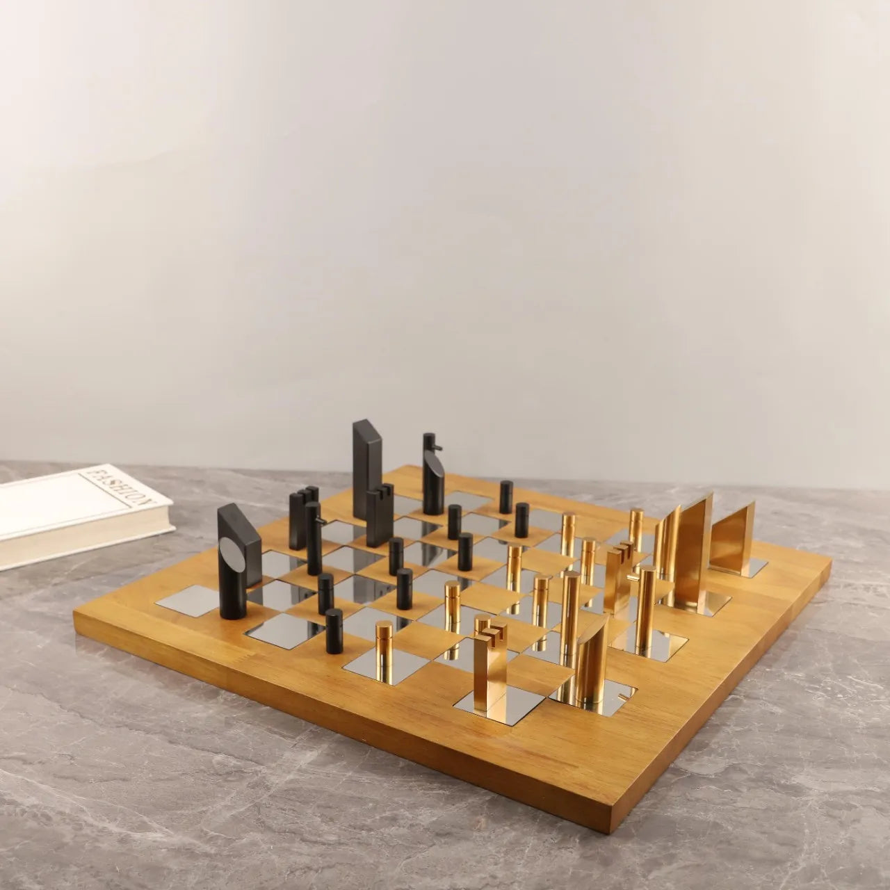 "Afralia™ Geometric Block Chess Set - Wooden Metal Chessboard Home Decor"