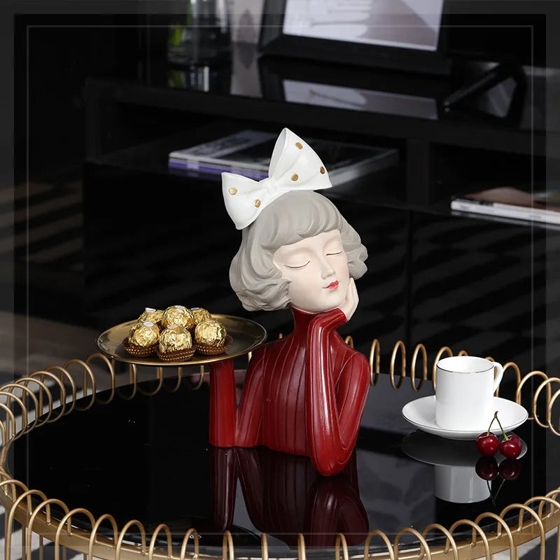 Afralia™ Modern Bow Girl Statue & Storage Tray: Home Decor Figurine, Ornaments, Snacks Holder