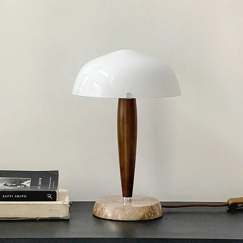 Afralia™ SHY3 Walnut Wood Desk Lamp Glass Shade Marble Base Table Light