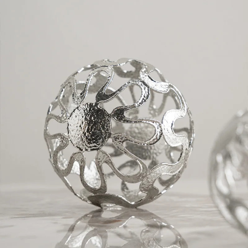 Afralia™ Silver Ball Metal Figurine, Geometric Sphere with Embossed Flower Design