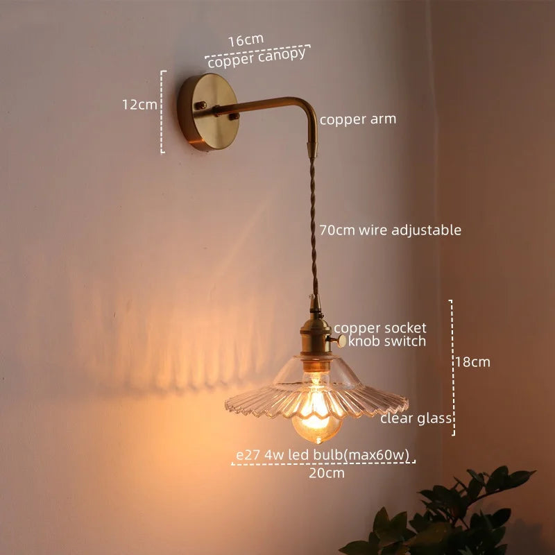 Afralia™ Copper Glass Pull Chain LED Wall Sconce for Indoor Living Room Stairway Lighting