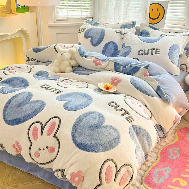 Afralia™ Flower Print Thicken Winter Warm Bedding Set with Sheet Pillowcases