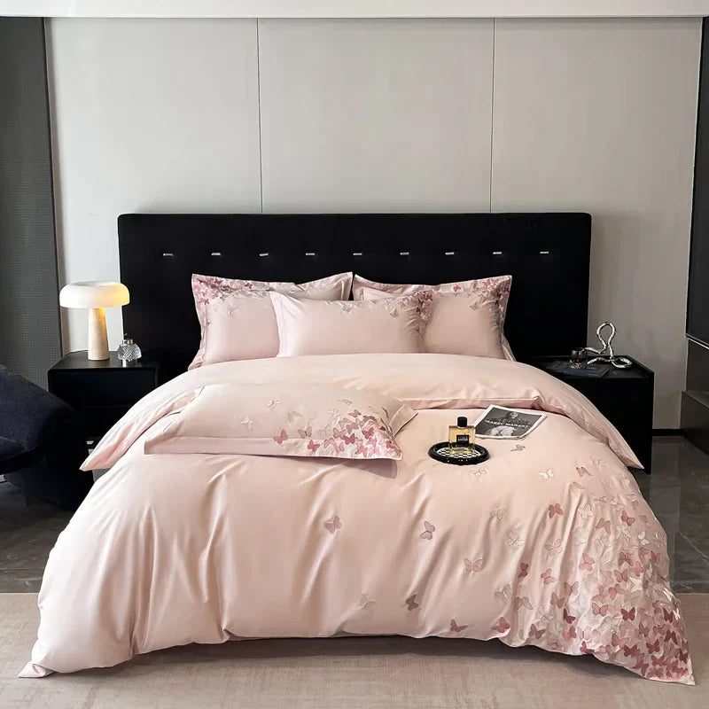 Afralia™ Butterflies Embroidery Bedding Set - King Queen Ru Size Bed Linens Sheet Pillowcase Comforter Cover Set