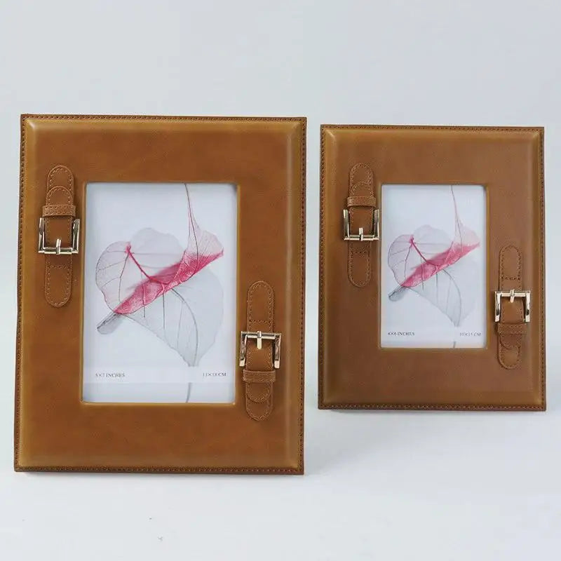 Afralia™ Brown Weave Leather Photo Frame | Minimalist Desk Decoration | Aesthetic Room Decor