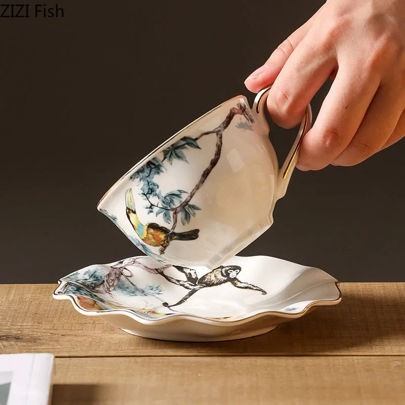 Afralia™ Flowers & Birds Pattern Ceramic Cup & Saucer Set for Dining Table - Tea & Coffee Mug