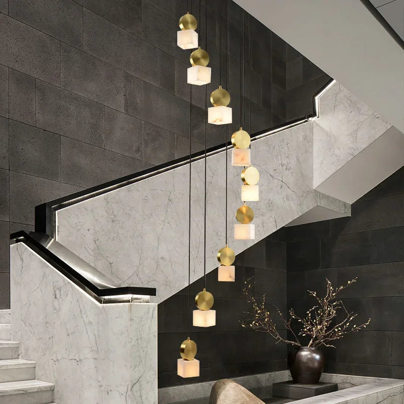 Afralia™ Marble Long Chandelier Modern Minimalist Villa Living Room Loft Duplex Copper Lighting