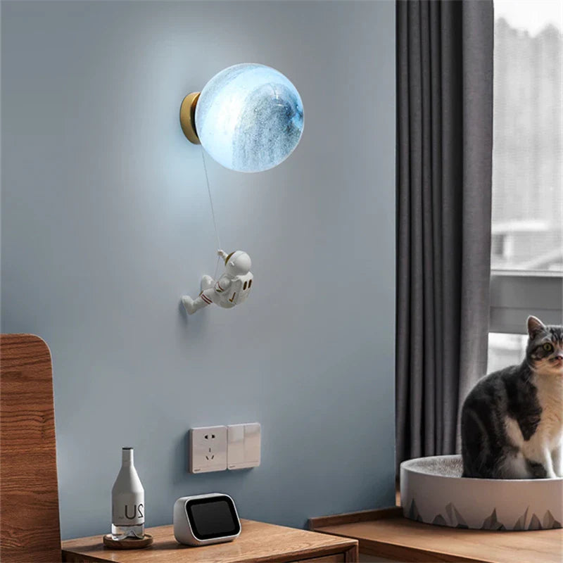 Afralia™ Astronaut Moon Wall Lamp: Modern Minimalist Kids Bedroom Background Light