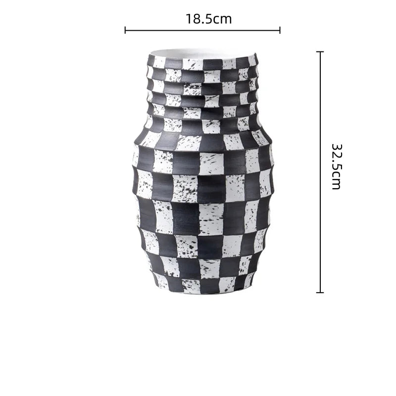 Afralia™ Black Check Geometric Striped Ceramic Vase - Handcrafted Floral Arrangement Pot