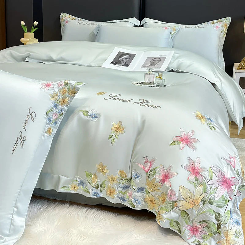 Afralia™ Flowers Embroidery Silky Duvet Set with Comforter Cover & Fitted Sheet
