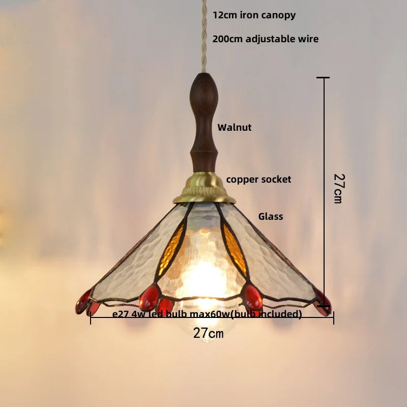 Afralia™ Walnut Wood LED Pendant Tiffany Glass Hanging Lamp - Vintage Dining Room Light