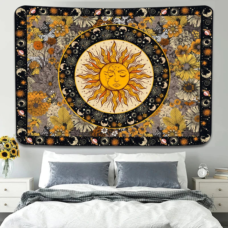 Sun Moon Tapestry Vintage Boho Wall Hanging by Afralia™ with Sunflowers Moth Constellation Aesthetic