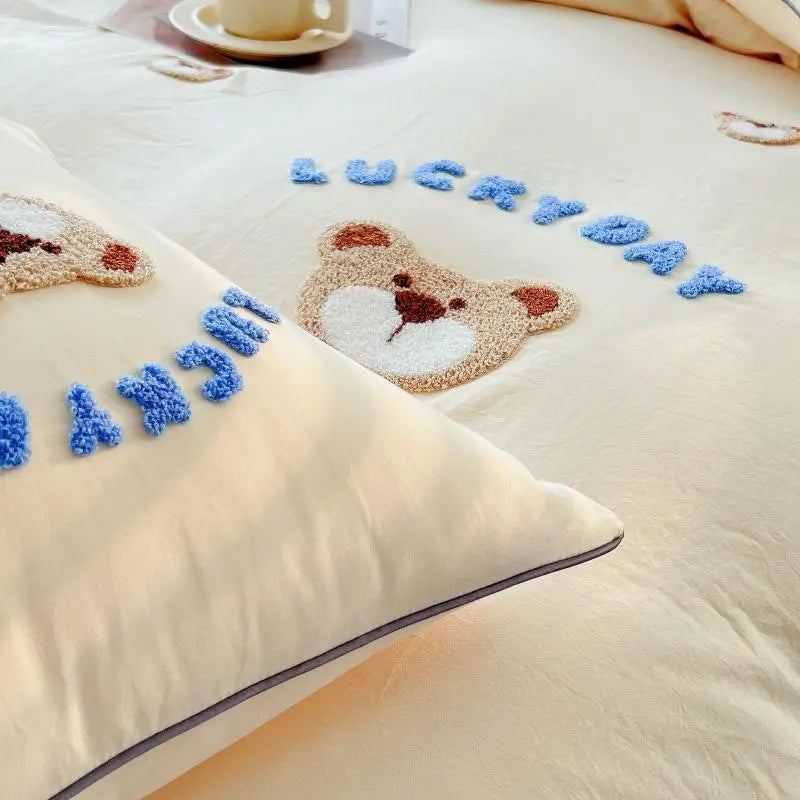 Afralia™ Lovely Bear & Sheep Embroidered Bedding Set - Duvet Cover, Sheets, Pillowcase
