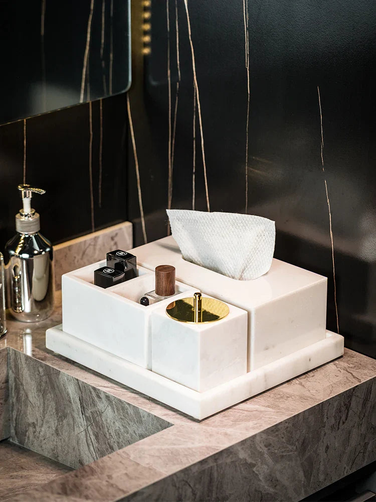 Afralia™ Volakas White Marble Bathroom Set - Soap Dispenser, Tissue Box, Tray