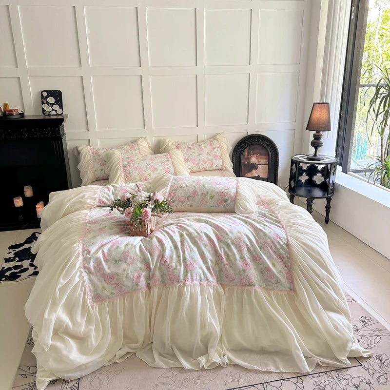 Afralia™ French Lace Ruffles Vintage Bedding Set in 100% Cotton, Single Queen King Size