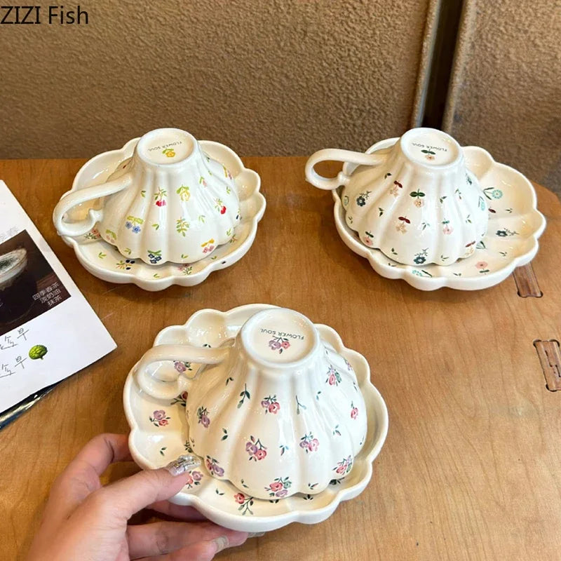 Afralia™ Porcelain Floral Coffee Mug Set – Elegant Tea Cup for Home Dining & Afternoon Tea
