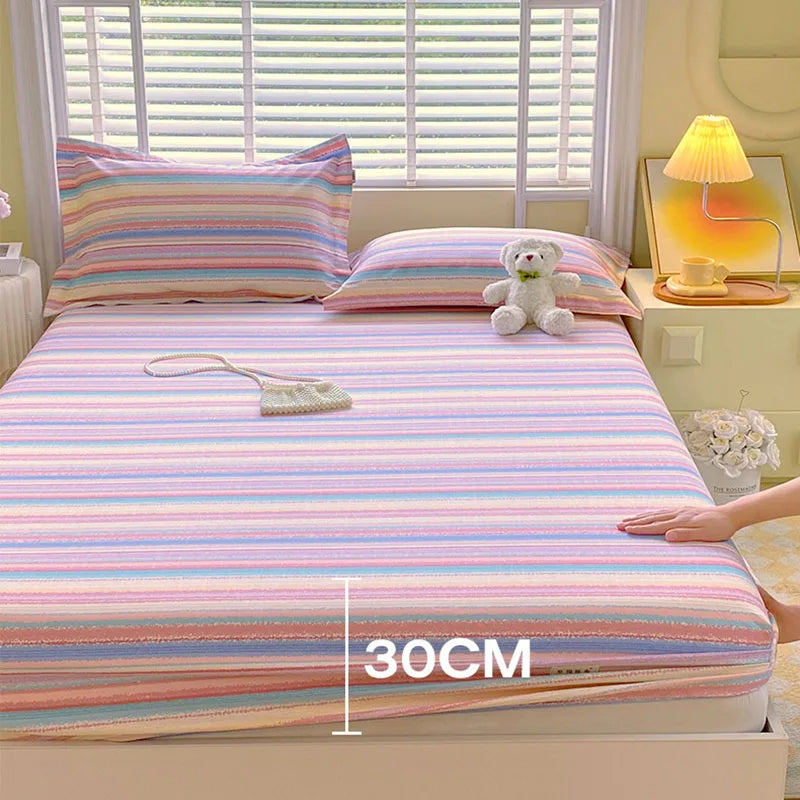 Afralia™ Cotton Striped Fitted Bed Sheet for Queen Double Mattress Cover