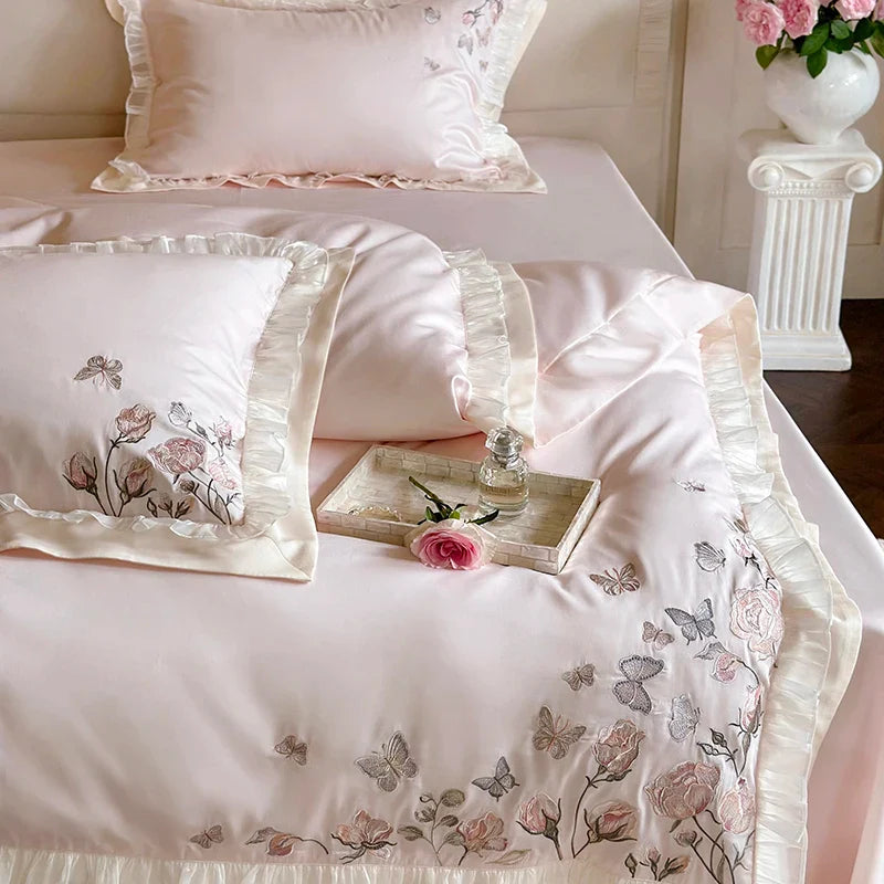 Afralia™ Pink Butterfly Flowers Embroidered Lace Bedding Set - 1000TC Egyptian Cotton