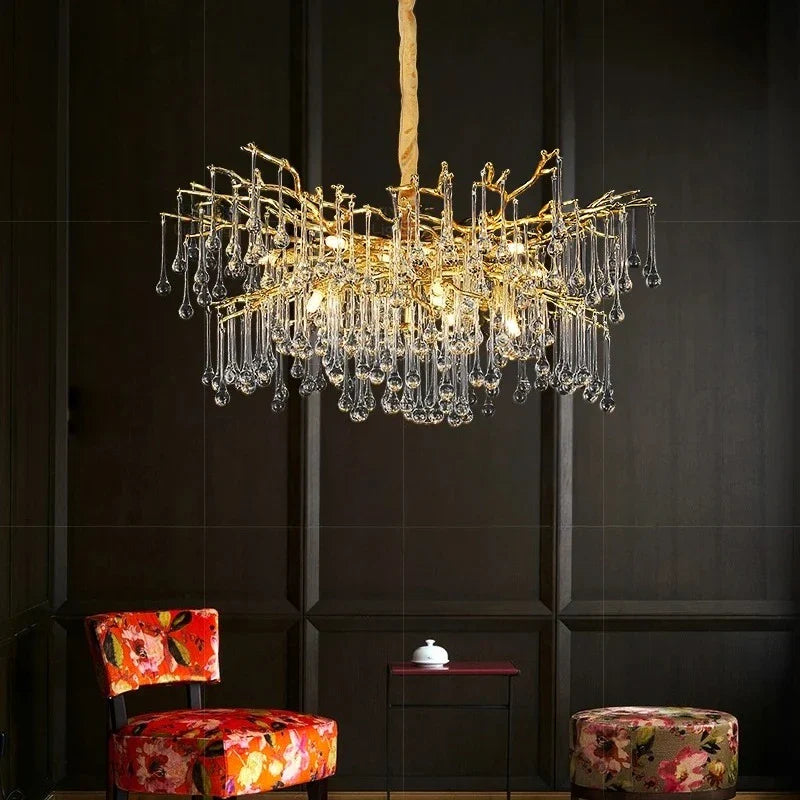 Afralia™ Water Droplet Crystal Chandelier - Golden Branch Pendant Light