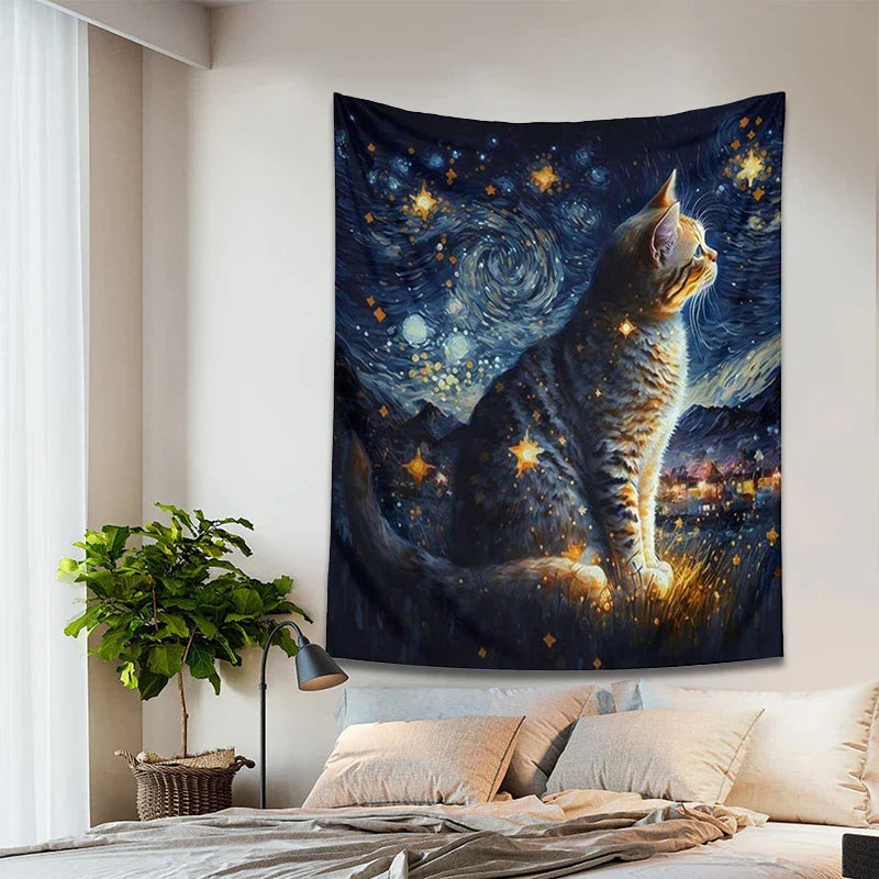 Afralia™ Starry Night Cat Tapestry: Moon Art Oil Painting Wall Hanging for Boho Home Decor