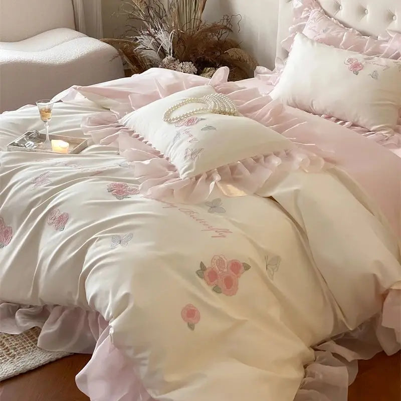Afralia™ Butterfly Flowers Lace Ruffles 4Pcs Bedding Set: Duvet Cover, Sheet, Pillowcases