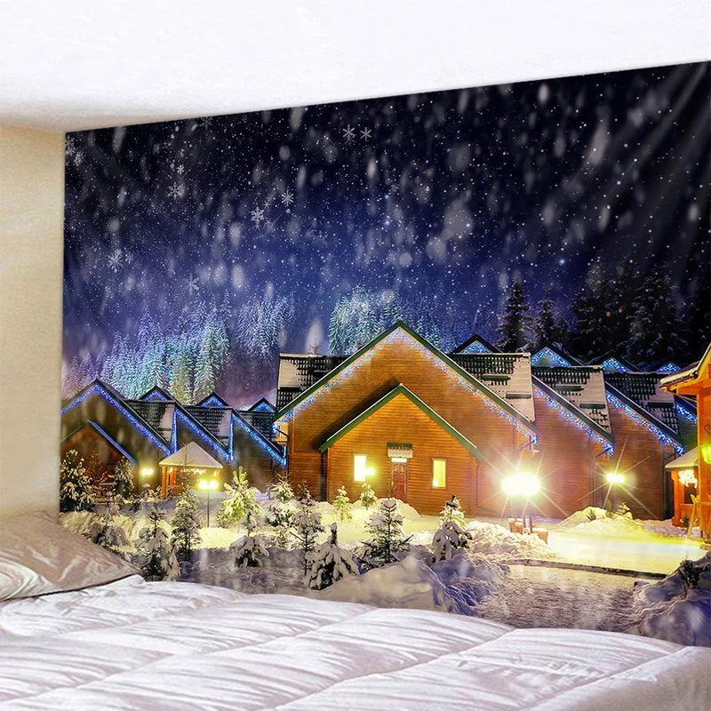 Afralia™ Snowy Town Tapestry: Nordic Christmas Wall Hanging for Boho Room Decor