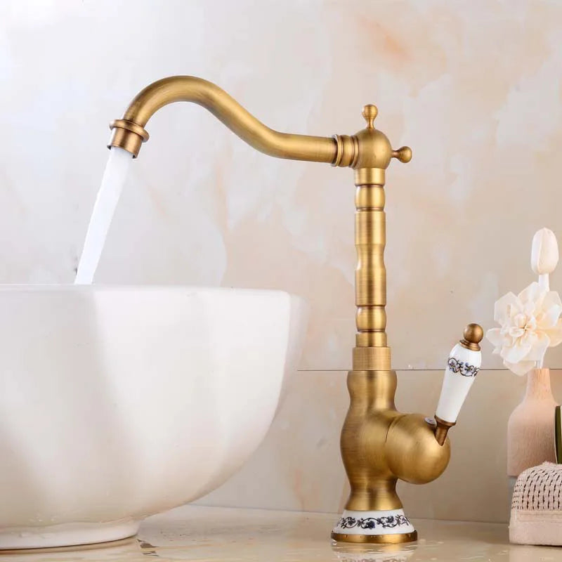 Afralia™ Antique Brass Basin Faucet, Rotatable Single Hole Kitchen Sink Mixer
