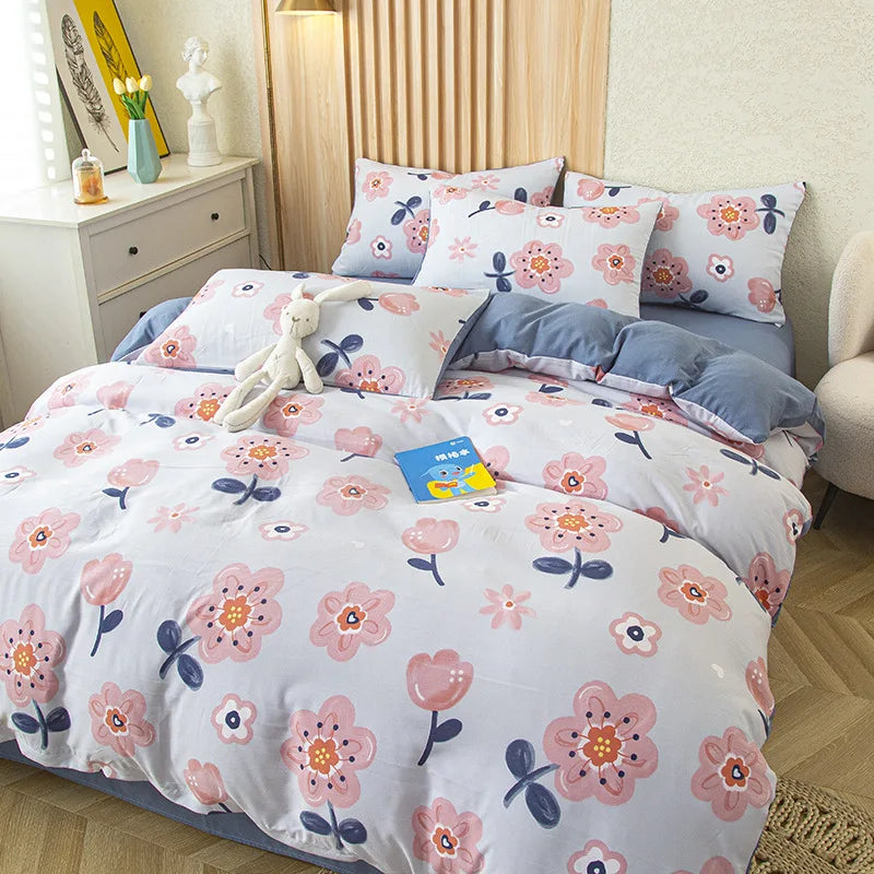 Afralia™ Simple Flower Print 4Pcs Bedding Set - Single Queen Size Girls Boys Bedding