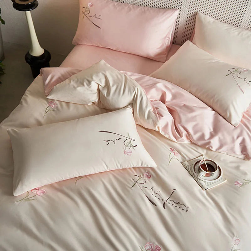 Afralia™ Luxury 100S Long Staple Cotton Embroidery Bedding Set, Ultra Soft Solid Duvet Cover, Double King Size