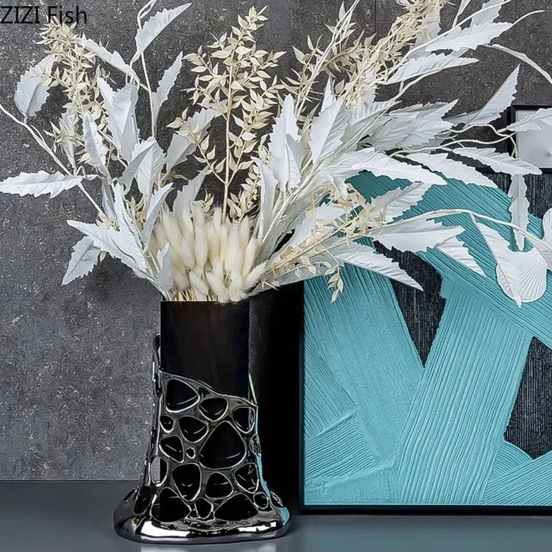 Afralia™ Gold Plated Hollowed Vase for Desk Decoration and Floral Arrangement