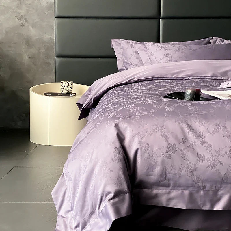 Afralia™ Satin Jacquard Bedding Set, Luxury Purple Flowers, Duvet Cover, Bed Sheet