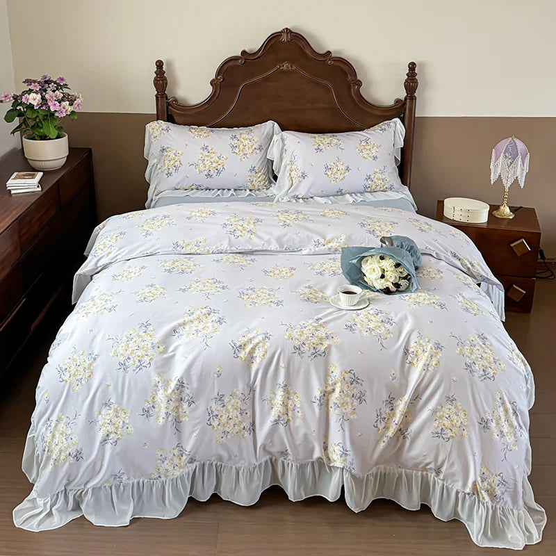 Afralia™ French Flowers Lace Ruffles Princess Bedding Set with Bed Sheet Pillowcases