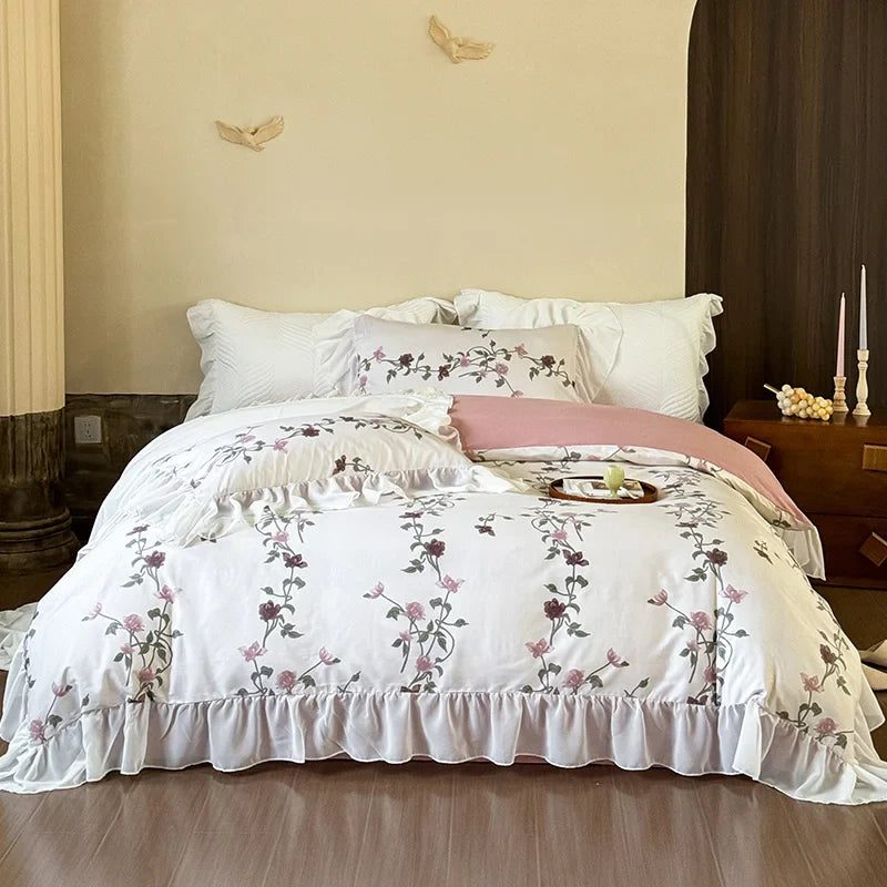Afralia™ Lace Ruffles Princess Cotton Bedding Set, Floral Quilt Cover, Girls Wedding Home Textiles