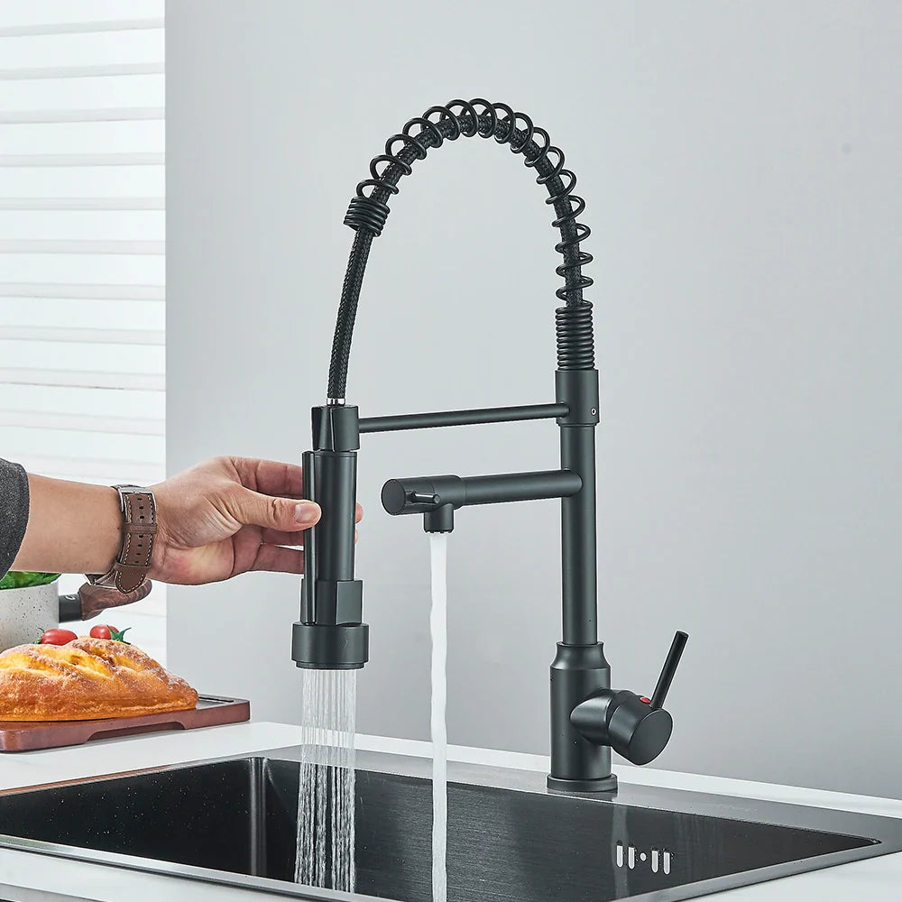 Afralia™ Brass Kitchen Sink Faucet Pull Down Mixer Tap with Dual Spout Rotation