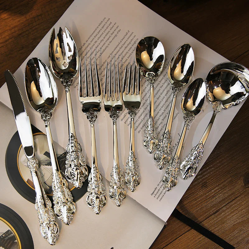 Afralia™ Baroque Silver Cutlery Set, Kitchen Flatware Knife Fork Spoon, 10 Pcs