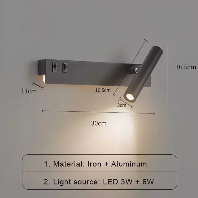 Afralia™ Nordic Modern LED Wall Lamp with Switch USB, Rotatable Spotlight