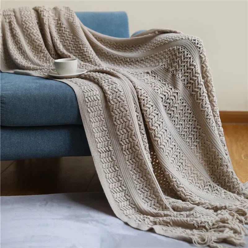 Afralia™ Nordic Knitted Sofa Blanket with Tassels - Solid Color Siesta Shawl Blanket