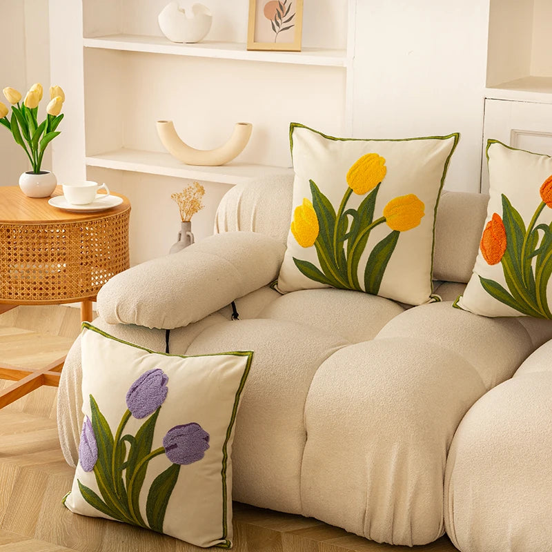 Afralia™ Embroidered Tulip Spring Throw Pillow Covers Set of 4 - 18x18 inches