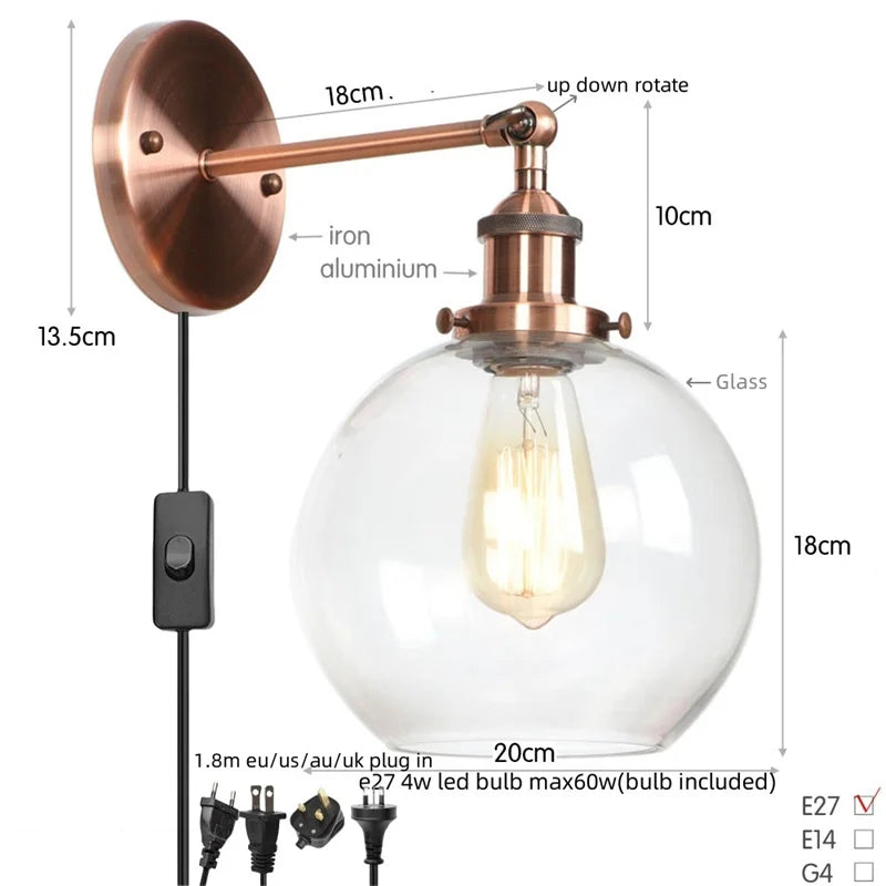 Afralia™ Glass Globe LED Wall Sconce Modern Industrial Rustic Vintage Bedside Lamp