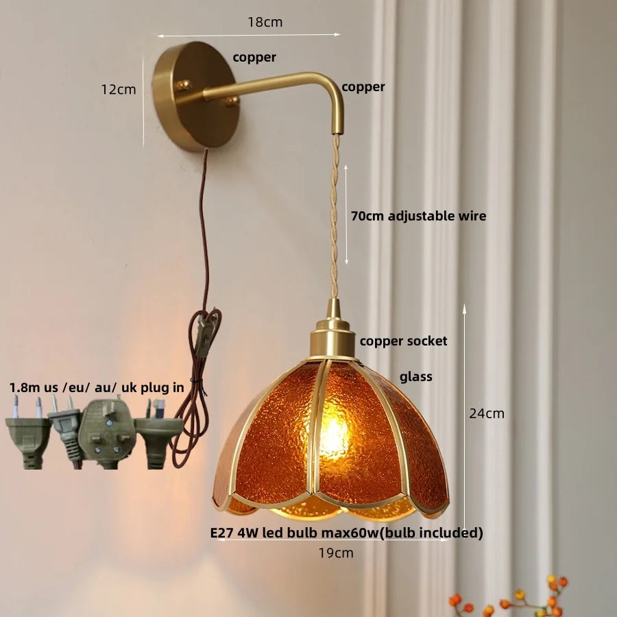 Afralia™ Tiffany Glass LED Wall Sconce Pull Chain Switch Bedroom Foyer Lamp