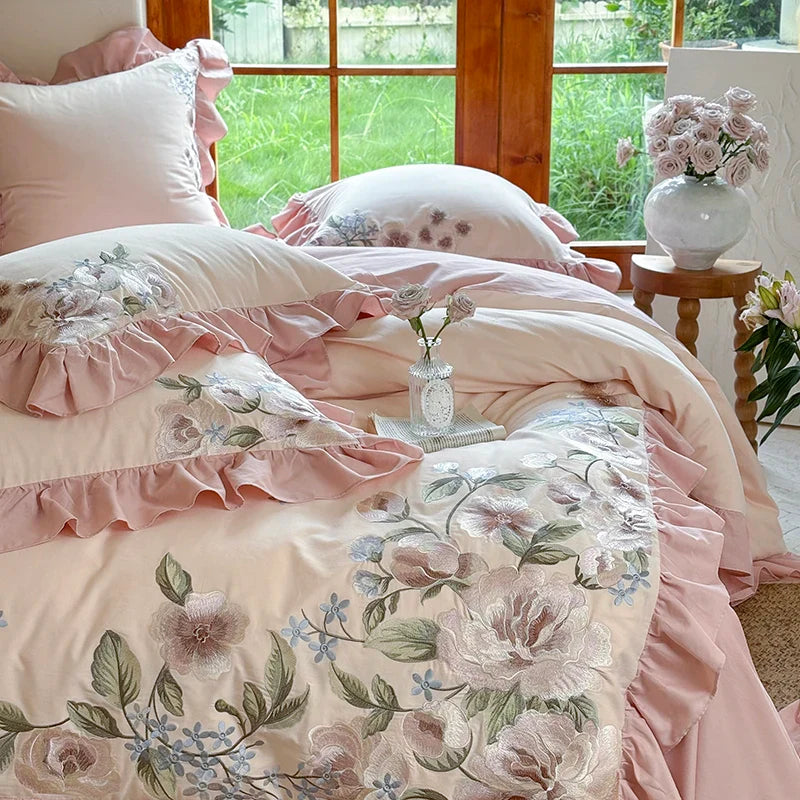 Afralia™ Luxury Flowers Embroidery Princess Bedding Set - 1000TC Egyptian Cotton