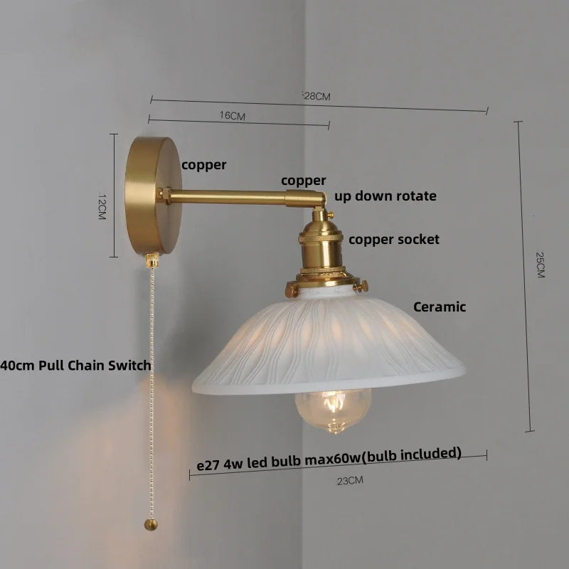 Afralia™ Nordic LED Wall Light Fixture Pull Chain Switch Brass Bedside Lamp