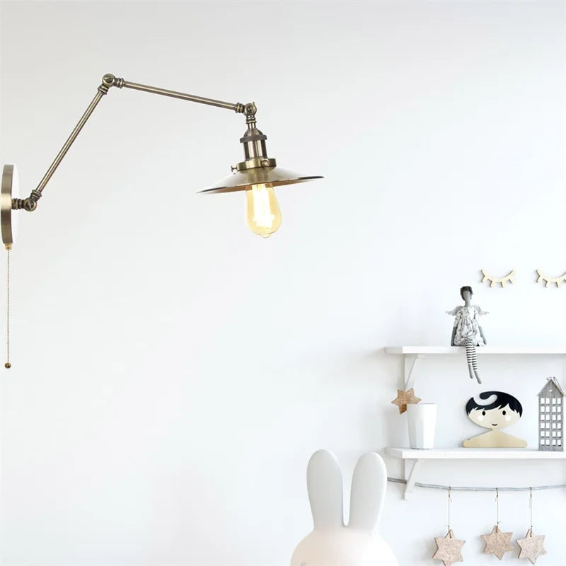 Afralia™ Vintage Industrial Long Arm Adjustable LED Wall Sconce Pull Chain Switch Bedside Lamp